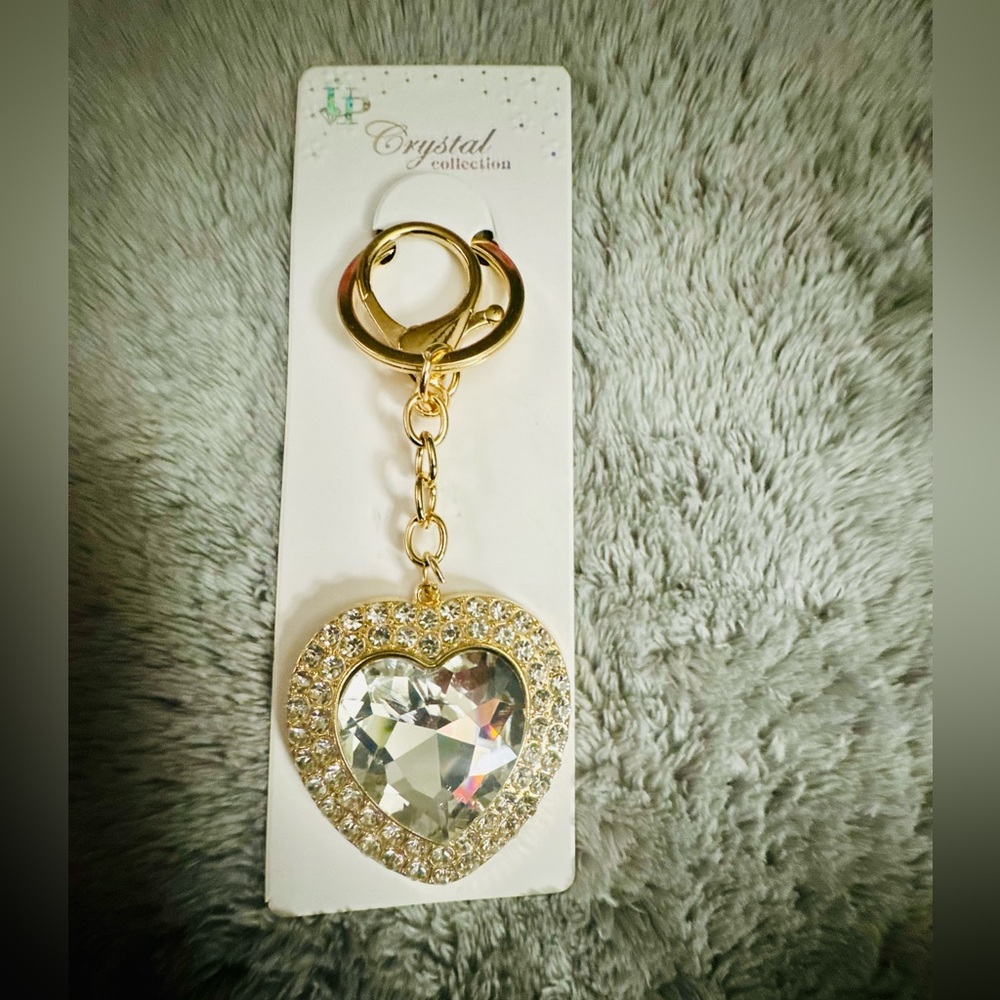 Gold Heart Keychain or Bag Charm with Crystals